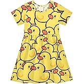 OREZI Girls' Summer Dress Short Sleeve Capybara Crown Heart Pattern Casual Dress Princess Dresses