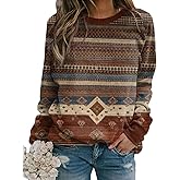 MARLLCO Aztec Sweatshirt Women Long Sleeve Crewneck Retro Western Shirts Geometric Ethnic Sweatshirt Casual Tops Sweater