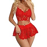 Mixxmix Lingerie for Women 3 Piece Underwire Floral Lace Corset Tops Sexy Mini Short Skirt Sets S-2XL