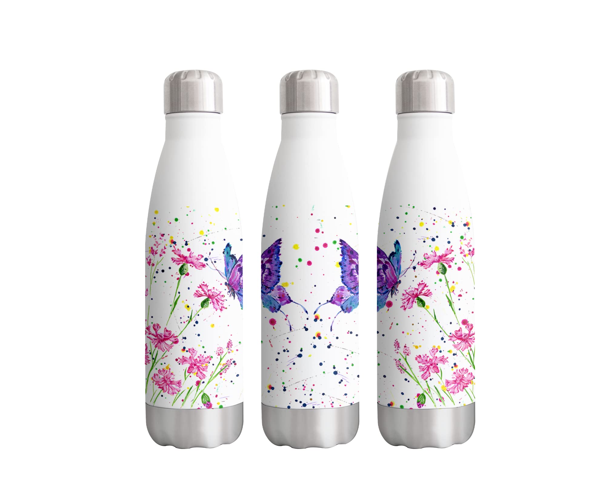 Flowers Butterfly Watercolour Rainbow Art Bottle Double Wall Insulated Stainless Steel Sport Drinks 500ml White Gift Ideal for School Work Office Oudoor Sports Keeps Hot and Cold Drinks