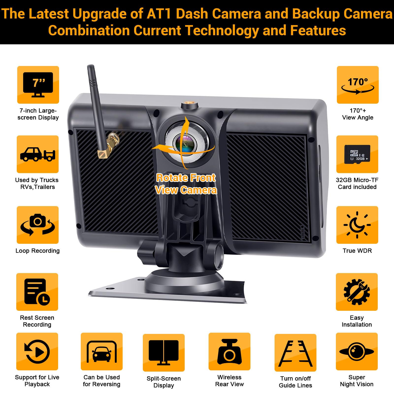 Wireless Backup Camera for RV, 7 Inch Dual Camera System with Front Cam, 1080P HD, 360° Rotation, 32GB TF Card - Compatible with Furrion Pre-Wired RV Camera for Trailers, Trucks & Campers