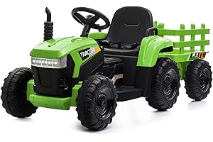 TOBBI Kids Electric Ride On Toy Tractor, 12v Battery-Powered 4 Wheels Ride On Car with Trailer, 35W Dual Motors/3-Gear-Shift/LED Lights/USB Audio Functions for Toddlers 3-6 Years-Green