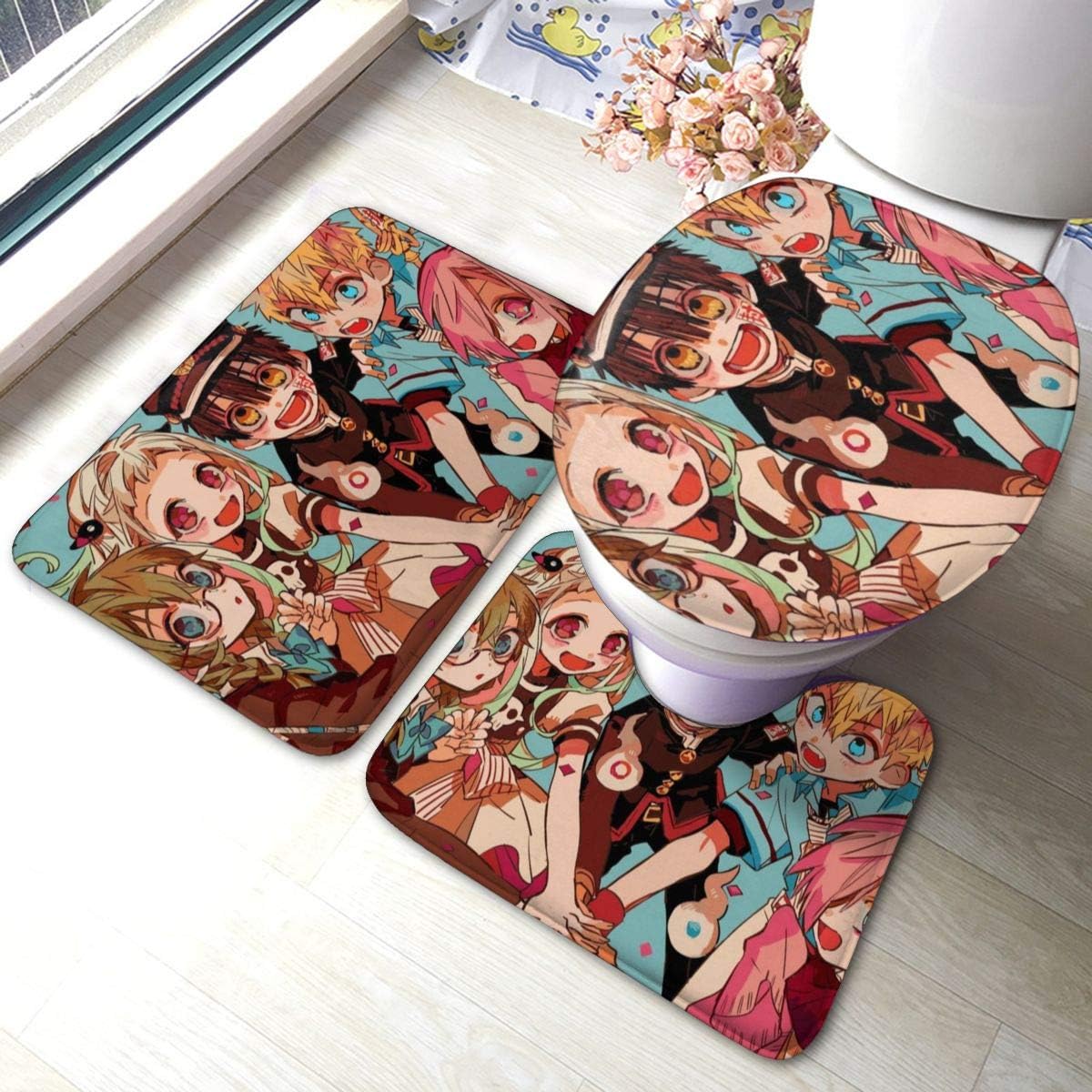 Toilet Bound Hanako Kun Bathroom Mat 3-Piece Set Of Soft Non Slip Absorbent Mats And Carpet Bathroom Mat Cover, Bathroom U-Shaped Contour Mat, Filoor Mat And Toilet Cover Bathroom Carpet Cover