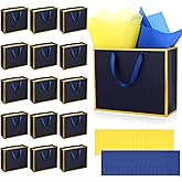 ADLABLD 15Packs Metallic Paper Gift Bag with Handles and Tissue Paper 11.8 x 10 x 4'' Gold Foil Luxury Party Favor Bag for Wedding Bridesmaid Groomsmen Gifts (Navy Blue,Gold)