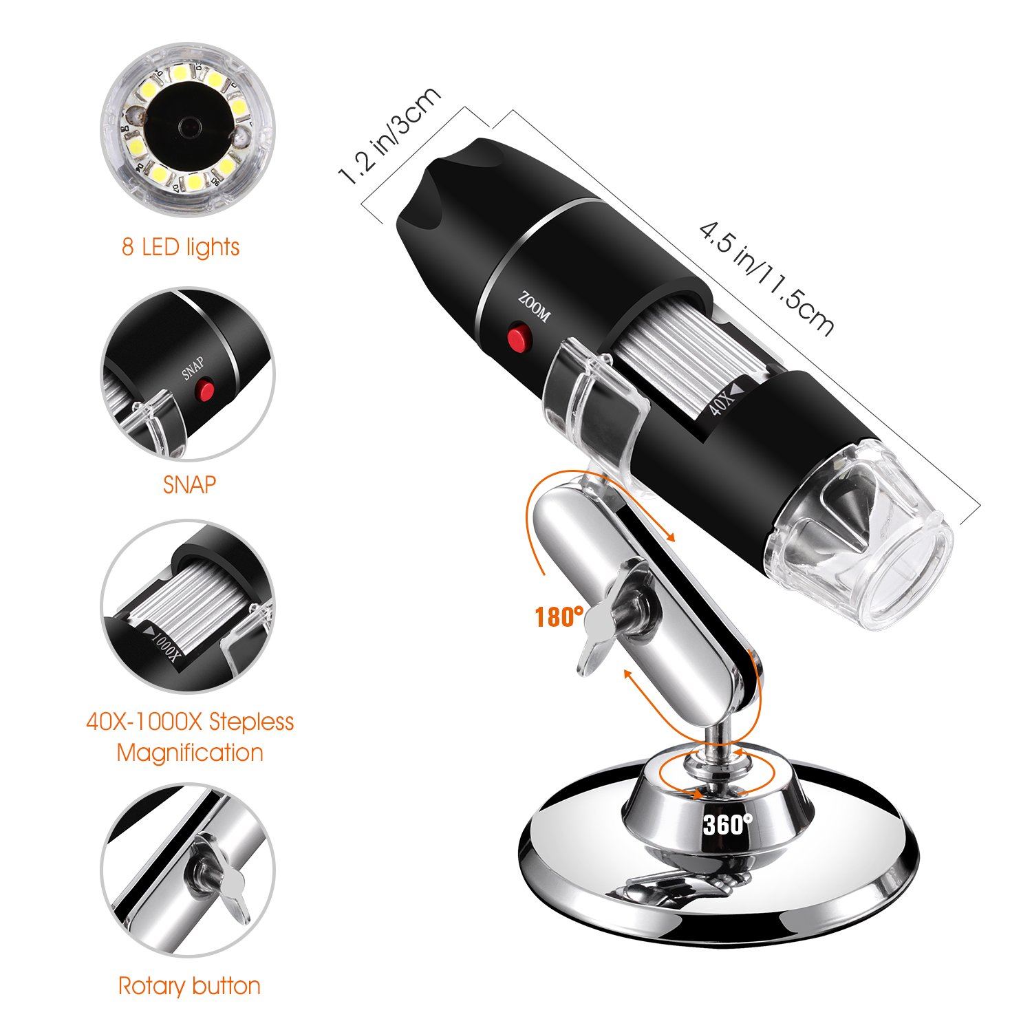 Bysameyee USB Microscope, Digital Handheld 40X-1000X Magnification Endoscope Mini Video Camera with 8 Adjustable LED Lights, Compatible with Windows 7/8/10/11 Mac Linux Android (with OTG)
