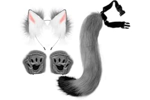HAOAN Faux Fur Wolf Ears Headband Fox Tail and Paw Gloves Set Cosplay Halloween Costume Accessories