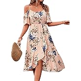 SweatyRocks Women's Floral Print Short Sleeve Cold Shoulder Dress Asymmetrical High Low Ruffle Midi Dresses