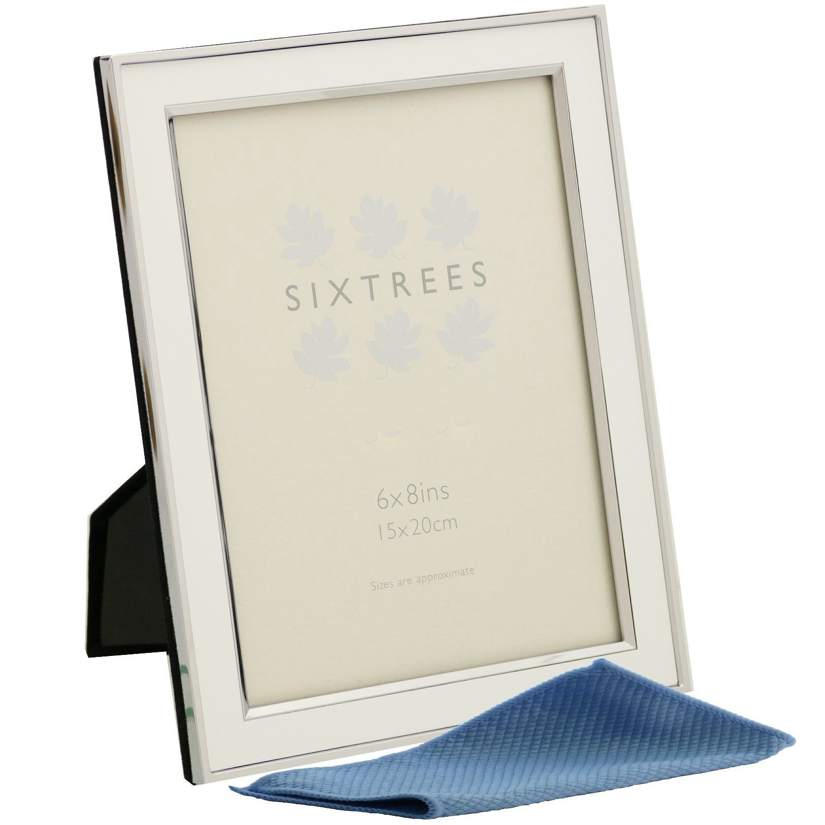 Sixtrees Abbey White 2-103-68 Polished Silver photo frame with lacquered gloss white metal insert for an 8 x 6 inch photo. Complete with our microfibre polishing cloth.