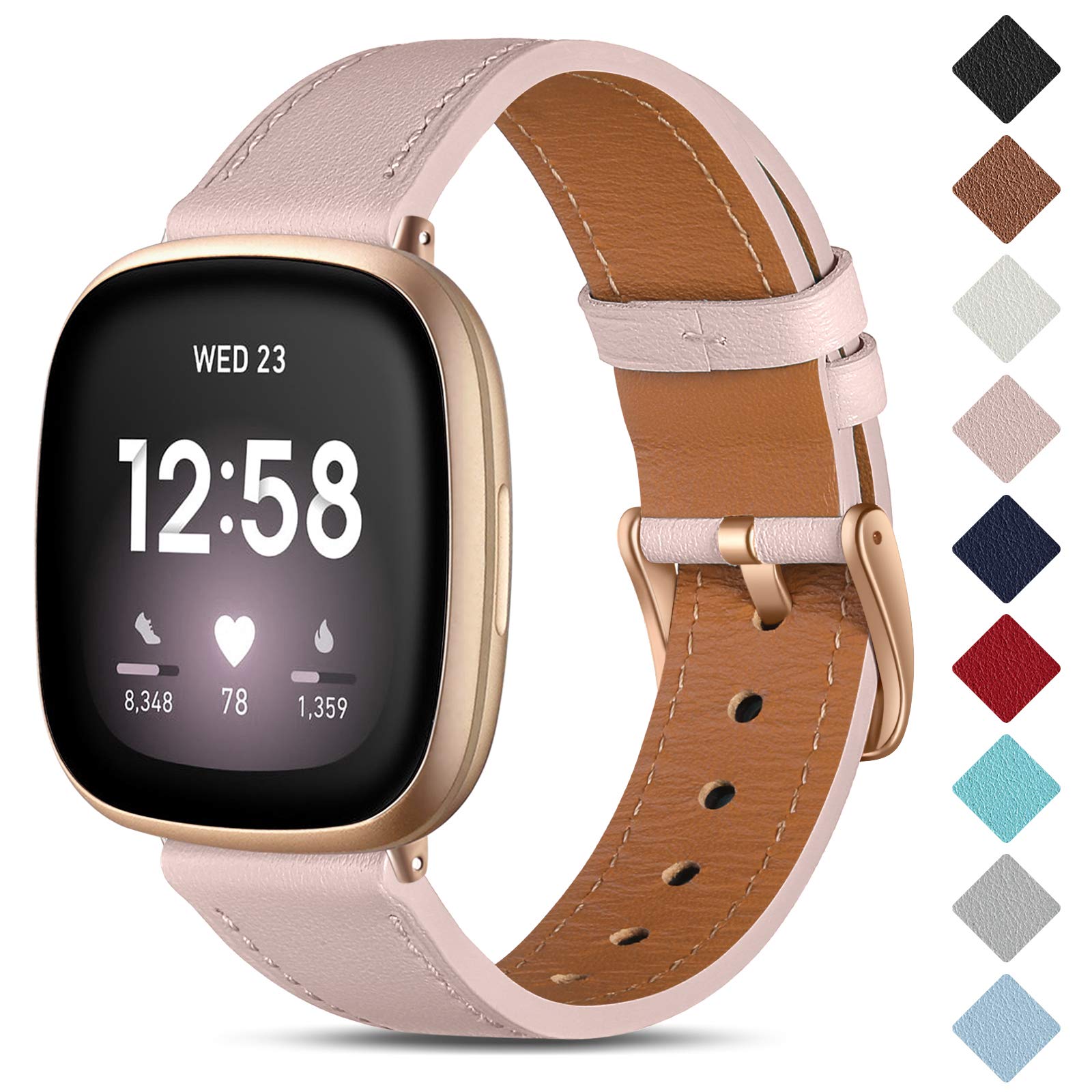 CeMiKa Leather Strap Compatible with Fitbit Sense/Fitbit Versa 3 - Genuine Leather Wristband for Women & Men, Pink Sand