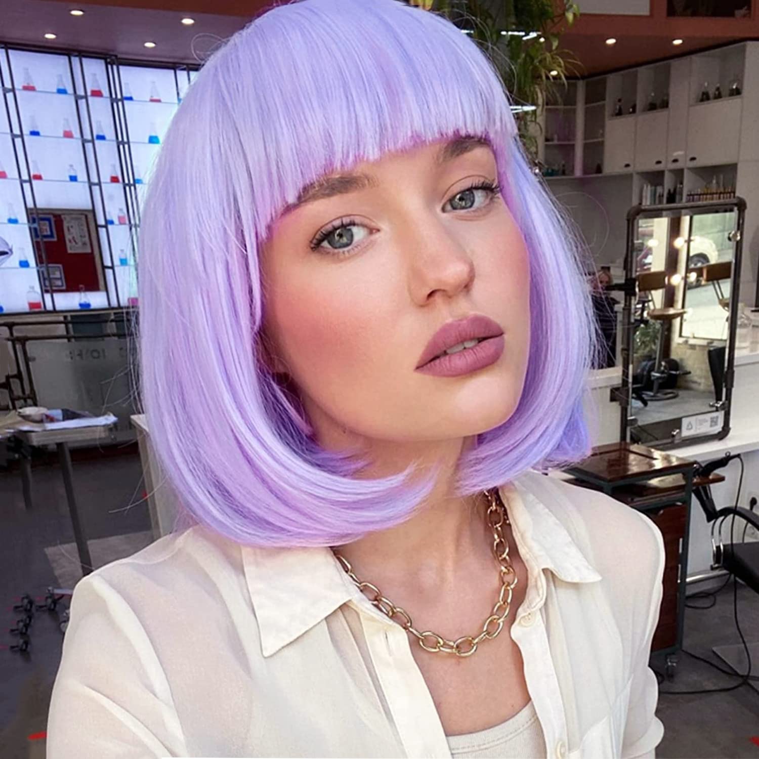 Short Purple Bob Wigs for Women Straight Synthetic Hair Wig with Bangs (Purple)