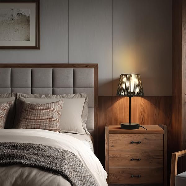 TOUCH BOHO LAMP DIMMABLE, 3-WAY BEDSIDE TABLE LAMP 14.2″, ROPE LIGHT FOR BEDROOM NIGHTSTAND FARMHOUSE, BULB INCLUDED, 2 PACKS (BLACK)