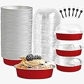OBXMLFY Mini Cake Pans With Lids And Spoons, Baking Tins For Round Small Desserts 7 Oz Aluminum Foil Baking Pans Disposable Ramekins Individual Cake Containers Holders For Tart Quiche Flan (50, Red)
