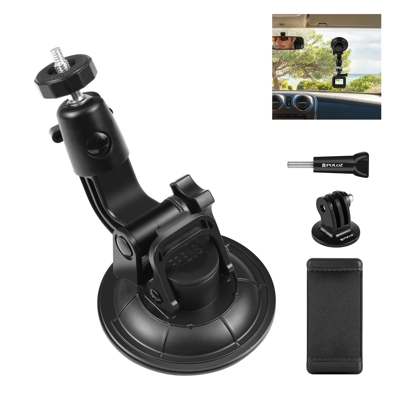 Photo 1 of PULUZ Car Suction Cup Mount for GoPro/Insta 360/DJI Osmo Action Camera Vehicle Window & Windshield Mount Holder Camera Mount with 2.3-3.3 inch Phone Clamp & Tripod Adapter