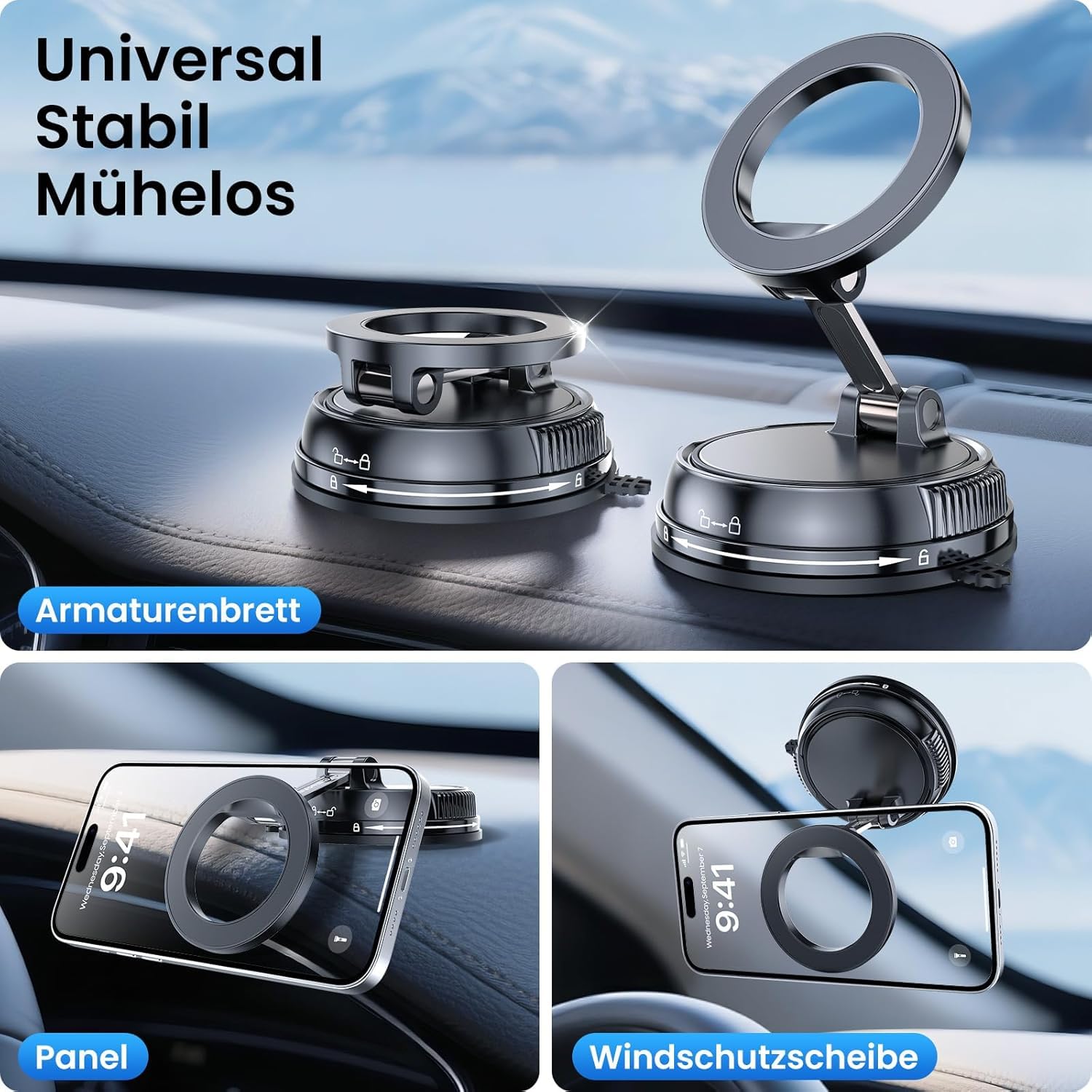 Handyhalterung Auto MagSafe,Vakuum Magnetischer Auto Für MagSafe Autohalterung, [22x N55 Magnet],[Mit 35KG Stärkste Saugkraft], 360° Drehbare Handy Halterung Für Alle Handys 6