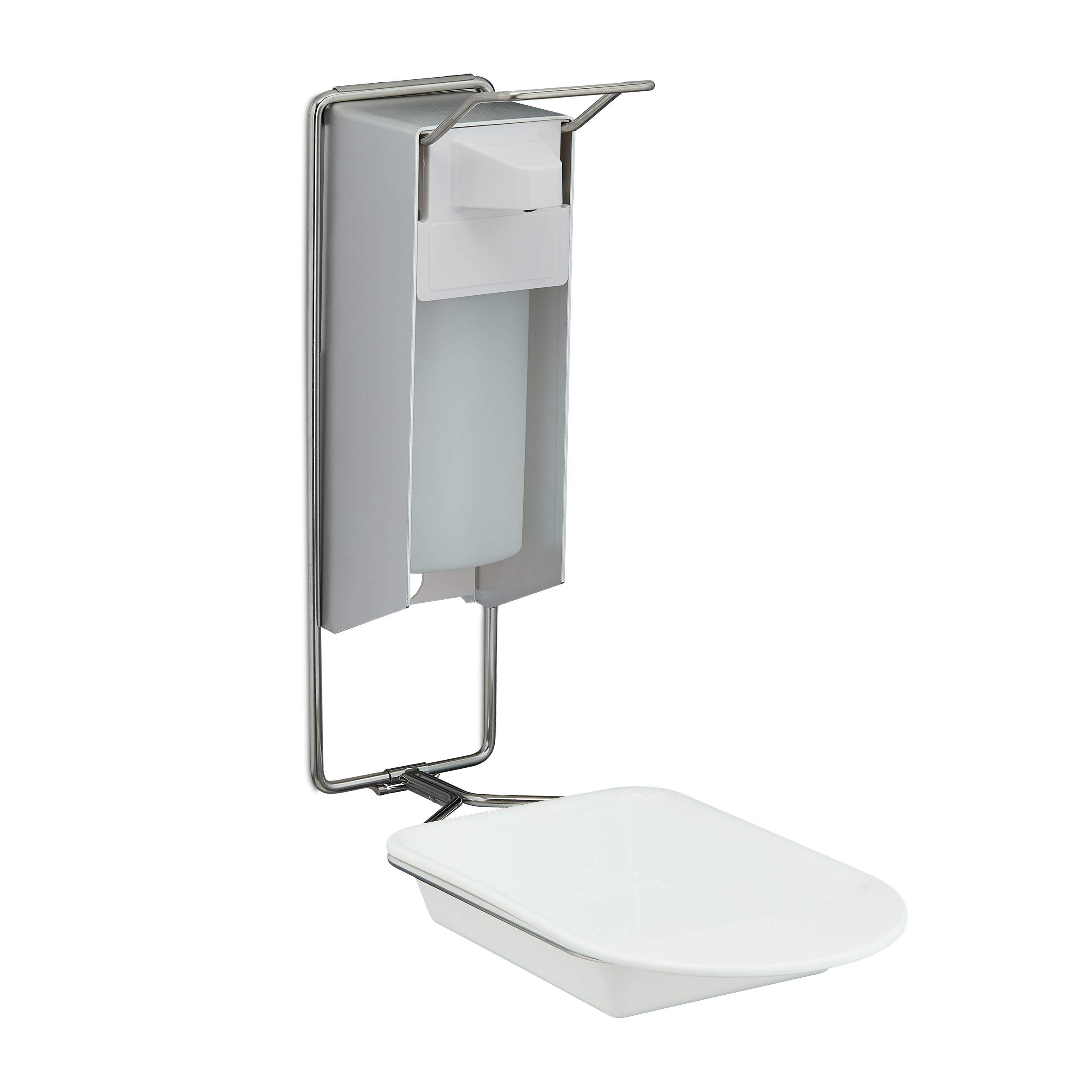 Relaxdays Soap Dispenser, 500 ml, Drip Tray, Hand Lever, Sanitizer & Lotion Container, Wall-Mounted, Hygienic, Silver, Aluminium, 35 x 14.5 x 33.5 cm