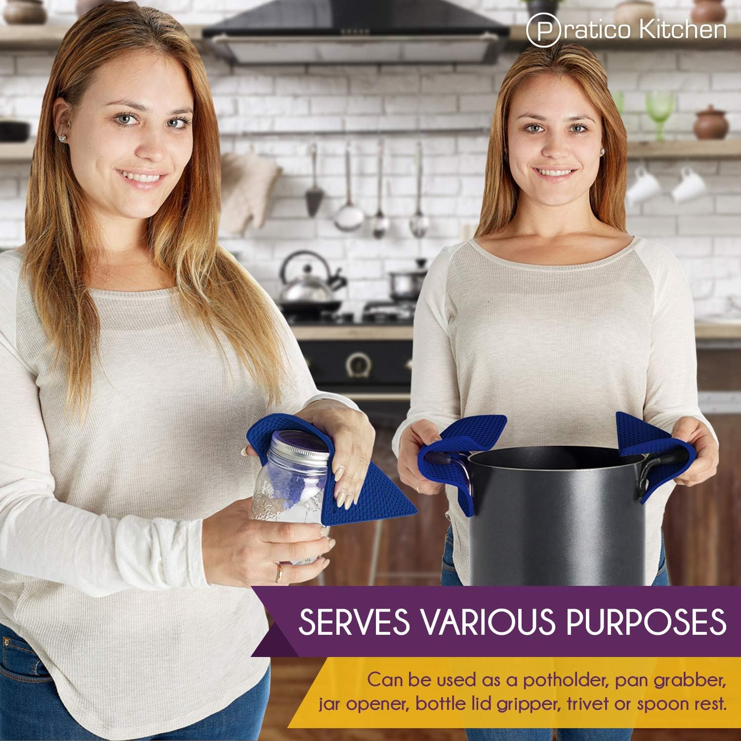 Pratipad PLUS 4-in-1 Multipurpose Silicone Pot Holders, Trivets, Jar Openers, Spoon Rests - Extra Thick Protection - Set of 2 Navy Blue: Office Products