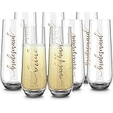 BachpartyGifts Bridesmaid Stemless Champagne Flutes Set of 8, Bridal Party Wine Glasses, Bachelorette Party Cups Gifts.