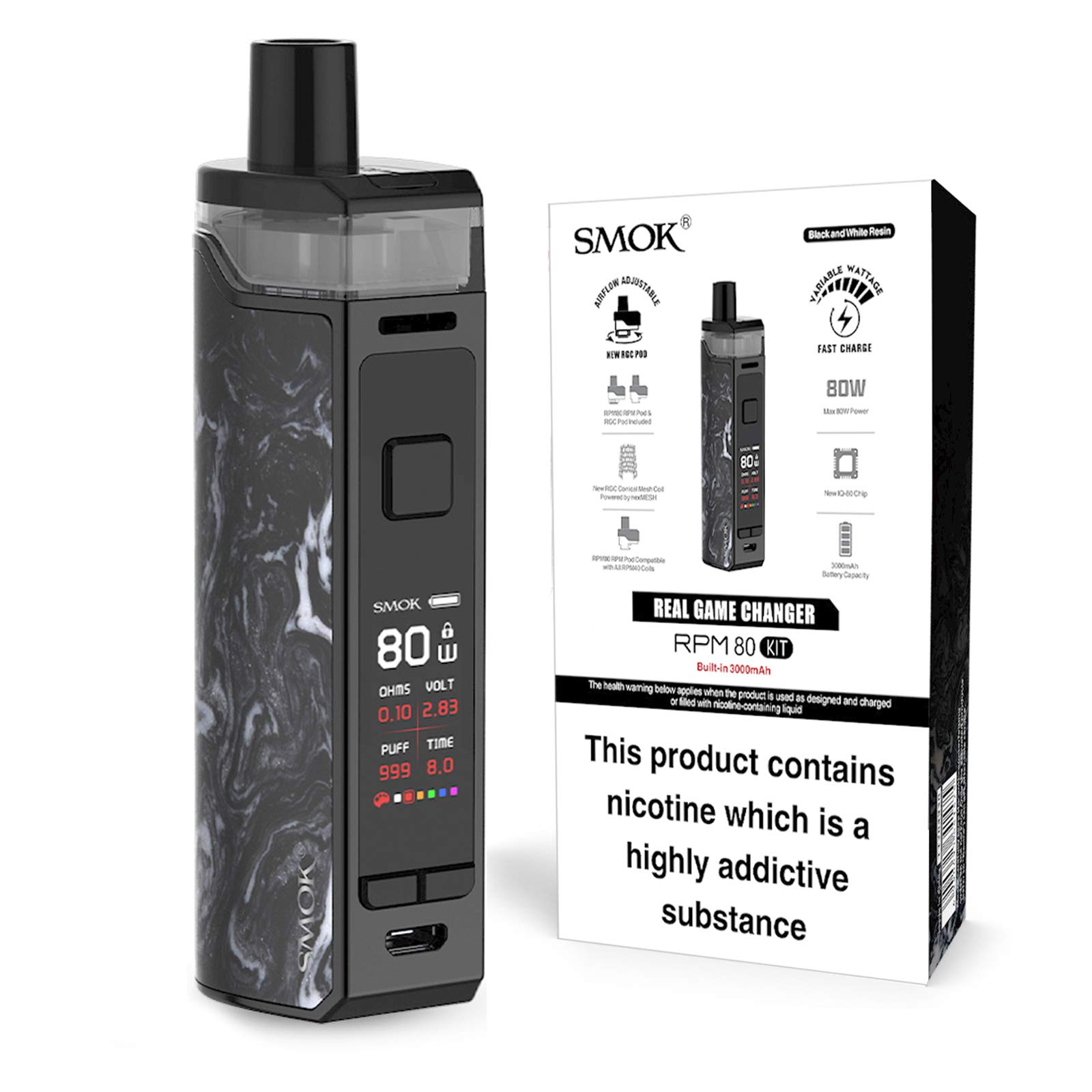 SMOK RPM80 Vape Kit [Black and White Resin] - Rechargeable 3000 mAH Battery, Refillable, Compact, User-Friendly, Balance of Power & Portability, Compatible with All RPM Coils, E Cigarette, No Nicotine