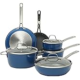 Sur La Table Kitchen Essentials Cool Commune Hard Anodized 10 Piece PFA Free Ceramic Non stick Interior Forged Durable Aluminum Pots and Pans Cookware Set - Blue - Induction Compatible