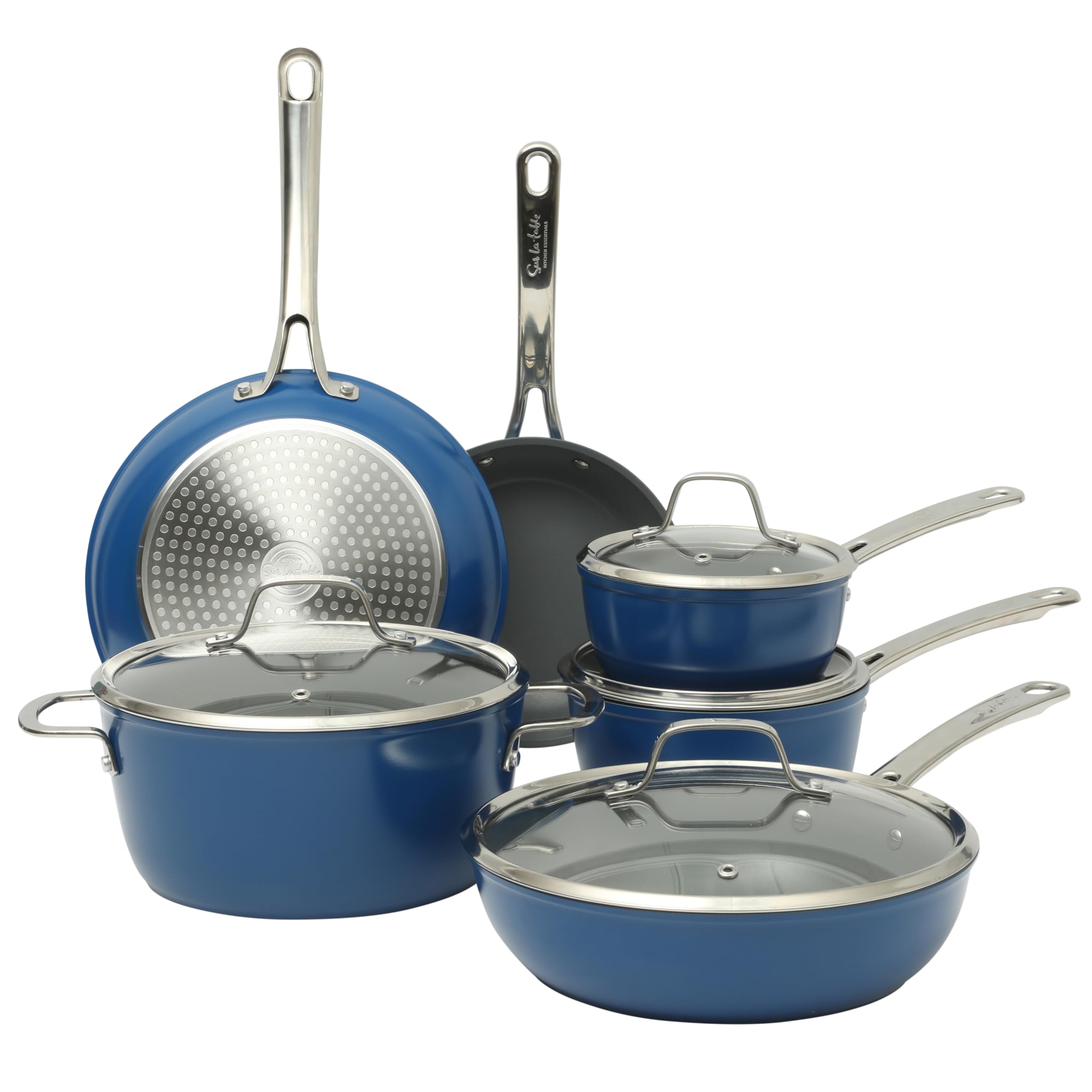 Photo 1 of ****They are very worn. Some are stained on the outside.*************Sur La Table Kitchen Essentials Cool Commune Hard Anodized 10 Piece PFA Free Ceramic Non stick Interior Forged Durable Aluminum Pots and Pans Cookware Set - Blue - Induction Compatible