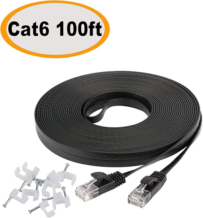 Jadaol Cat 6 Flat Cable 100 ft Black with Cable Clips Slim