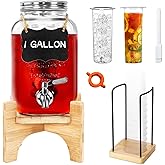 Glass Drink Dispenser with Stand, 1 Gallon Beverage Dispenser for Parties with Cup Holder, Includes Ice & Fruit Infuser, 18/8 Stainless Steel Spigot