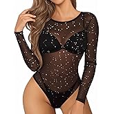 MANGOPOP Women's Mesh Bodysuit Sheer Geo Print Short Sleeve Long Sleeve Body Suit Sexy See Through Shirt Tops