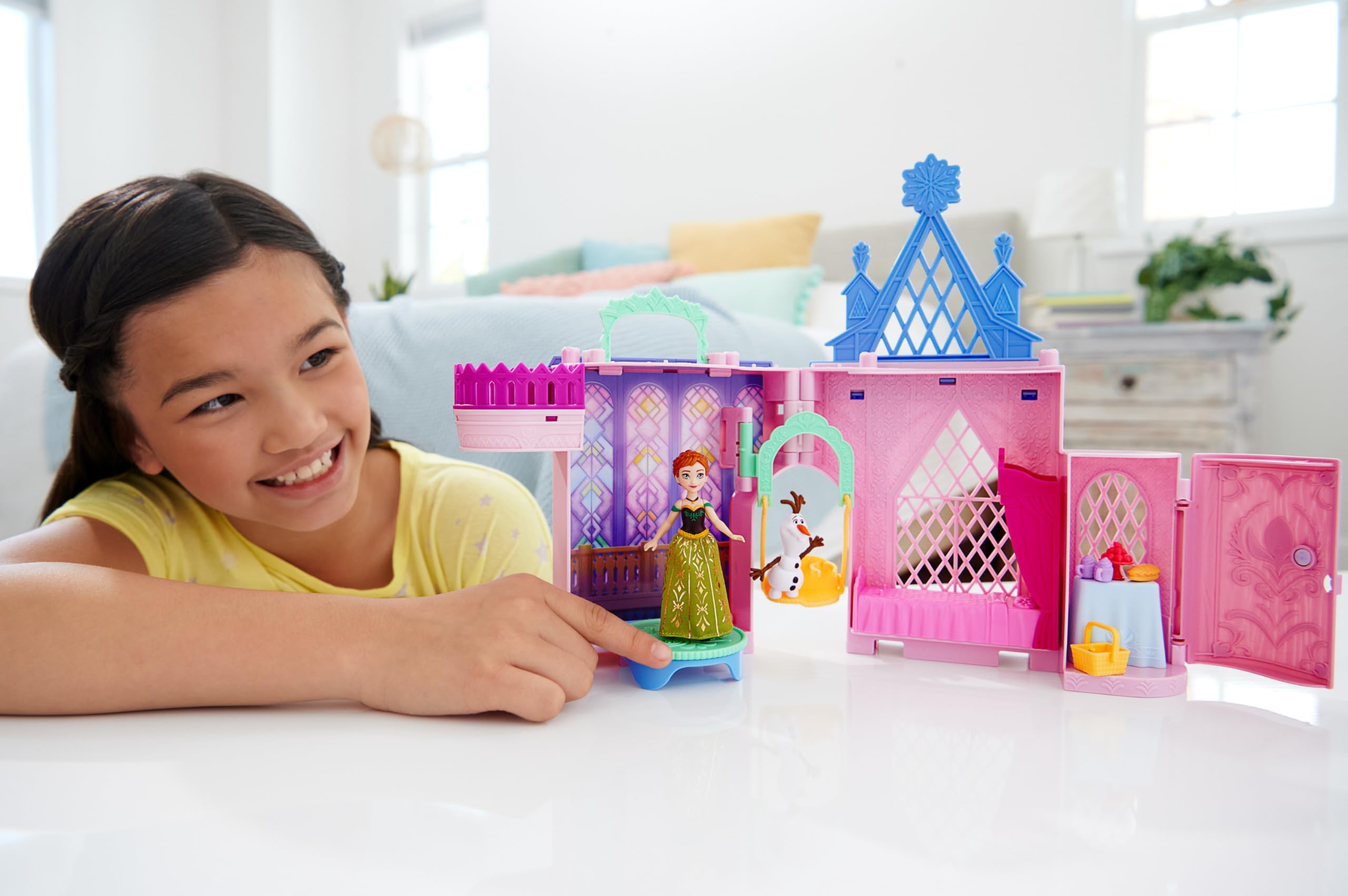 Mattel Disney Frozen Toys, Anna Doll House Stackable Castle with Small Doll, Olaf Figure & 7 Furniture & Accessories, Inspired by the Movie