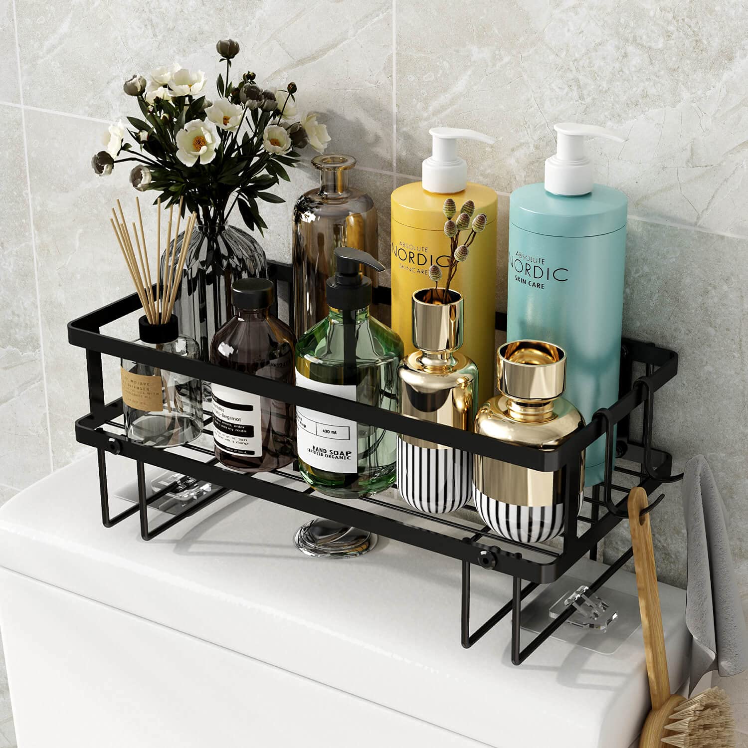 Godboat Bathroom Organizer - Over Toilet Storage, Floating Shelves with 2 Hooks, Wall Mounted Shelf Rack, Behind and Above The Tank, Gifts for Women (Black, 1-Tier)