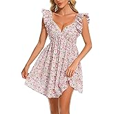 hibshaby Women's Floral Mini Dress V Neck Puff Sleeve Dress Short Babydoll Dress Sun Dress