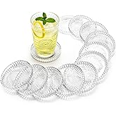 Elsjoy 12 Pack 4 Inch Modern Clear Coaster Set, Round Pillar Candle Holder Plates, Clear Crystal Glass Coaster for Drinks, Bar, Dining Table