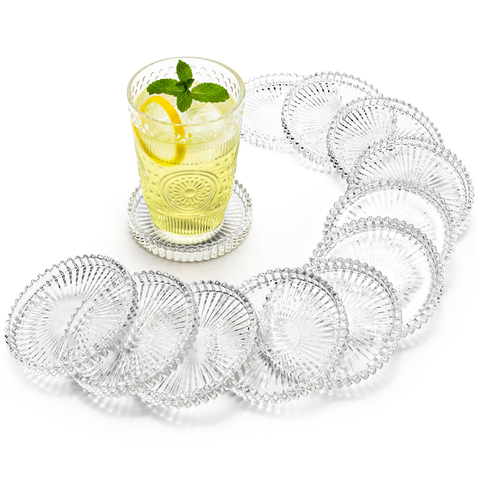 Photo 1 of Elsjoy 12 Pack 4 Inch Modern Clear Coaster Set, Round Pillar Candle Holder Plates, Clear Crystal Glass Coaster for Drinks, Bar, Dining Table