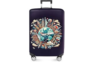 ANNA QUEEN World Landmarks Luggage Cover, Dark Travel-Themed Suitcase Protector with Airplane & Globe Design, Stretchable, Washable Luggage Sleeve for 24-26 Inch Suitcases