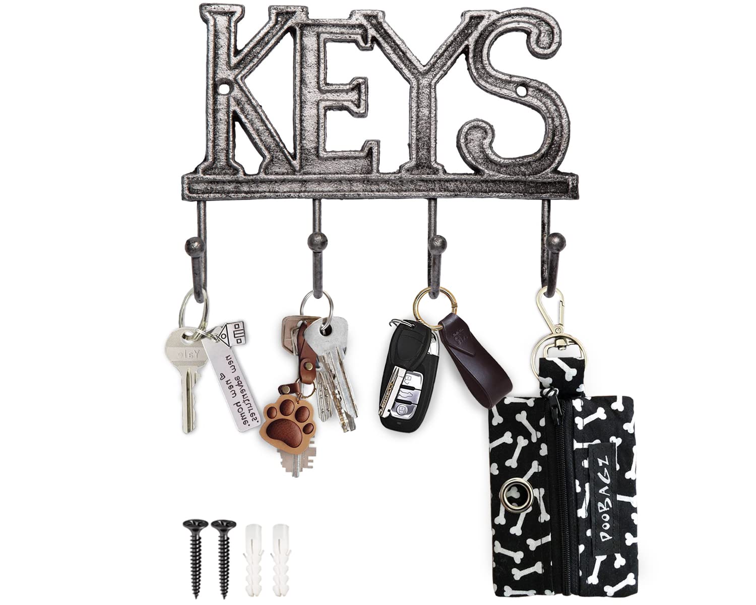 Comfify Key Holder - Keys - Wall Mounted Key Hook - Rustic Western Cast Iron Key Hanger - Decorative Key Organizer Rack with 4 Hooks - with Screws and Anchors - Silver with Black