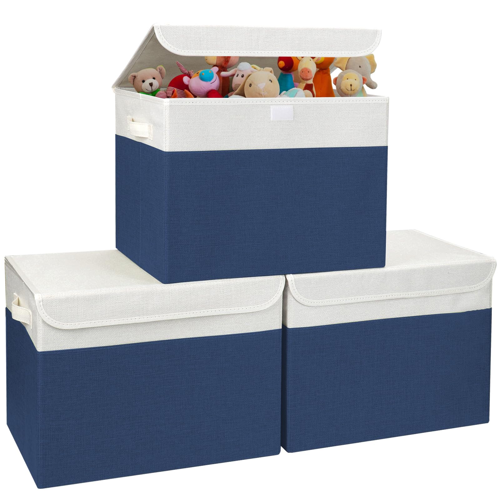 Photo 1 of Large 17" 42 Quarts Collapsible Stackable Storage Bins with Lids [3-Pack] Foldable Fabric Linen Storage Boxes Cube, Closet Organizer Baskets with Label for Home (16.7 x 12 x 12, Navy Blue & White)
