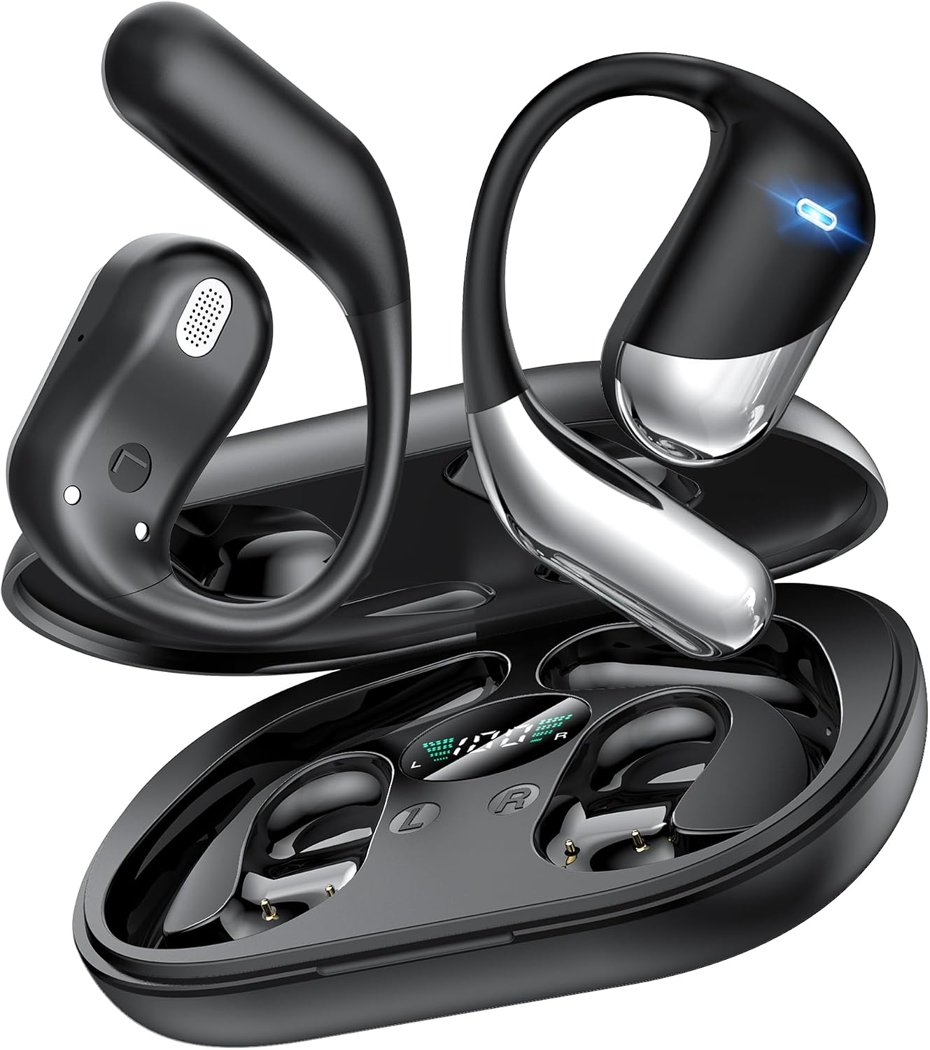 Open Ear Wireless Earbuds, Sports Bluetooth Headphones with Real Time Translation, 80Hrs Playtime with LED Power Display, Noise Canceling Headset, IP55 Waterproof Earphones for Workout/Running (Black)