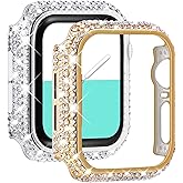 NewWays 2-Pack Full Diamonds Bling Cases for Apple Watch Case 40mm Women, Fully Paved Diamonds Protective Bumper for iWatch SE Series 6 5 4 40mm, Gold/Clear