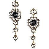 Antique Gold Vintage Retro Deco Victorian Style Jet Black Onyx Grey Marcasite Rhinestone Statement Earrings