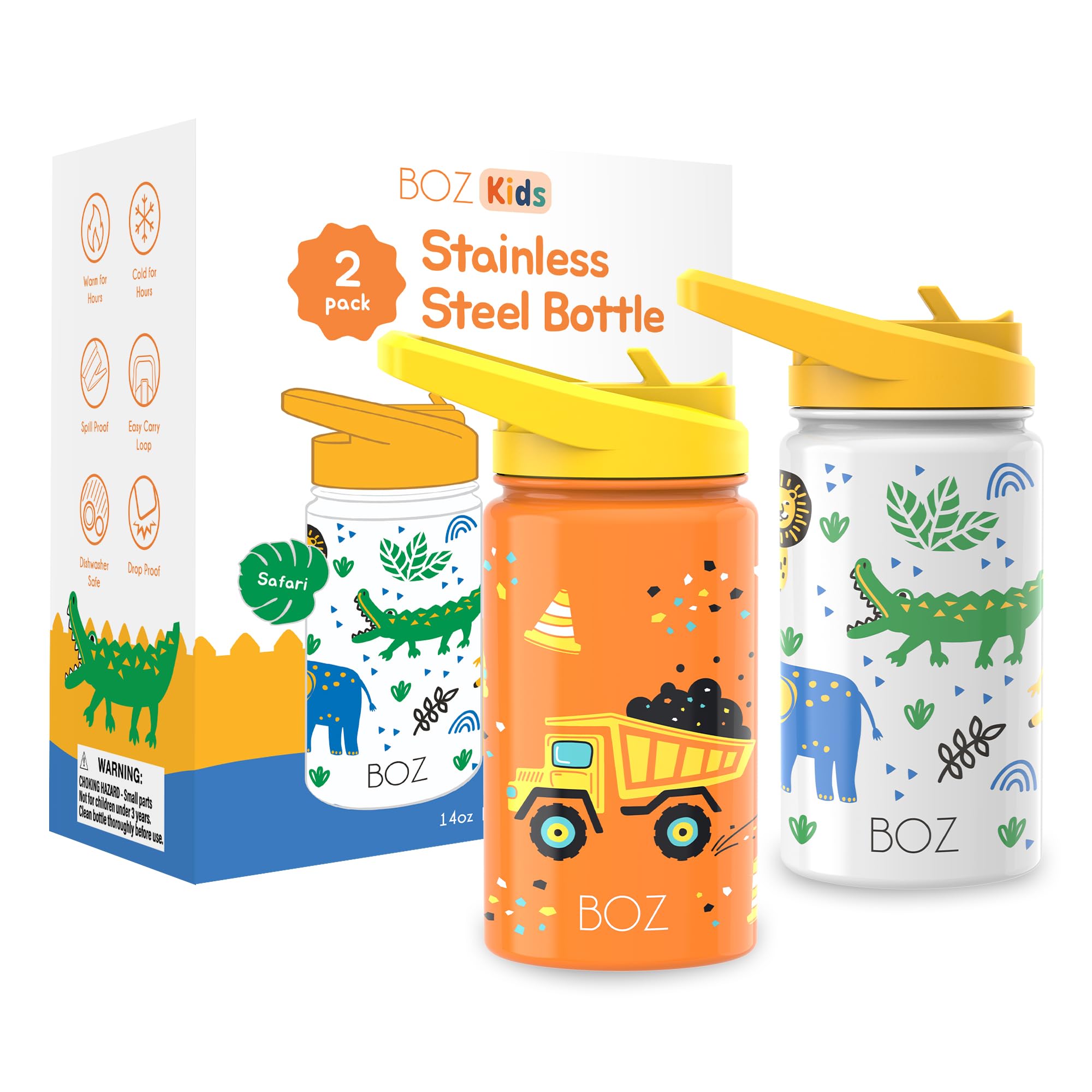 BOZ Kids Water Bottles for School, Stainless Steel Kids Water Bottle with Straw, BPA Free, Vacuum Double Wall Insulated Toddler Water Bottle - Leakproof and Shatterproof (Construction/Safari)