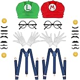 Super Bros Costume Kit with Hat, Mustaches, Suspenders, Gloves Buttons ang Glasses frame for Halloween, Cosplay and Christmas