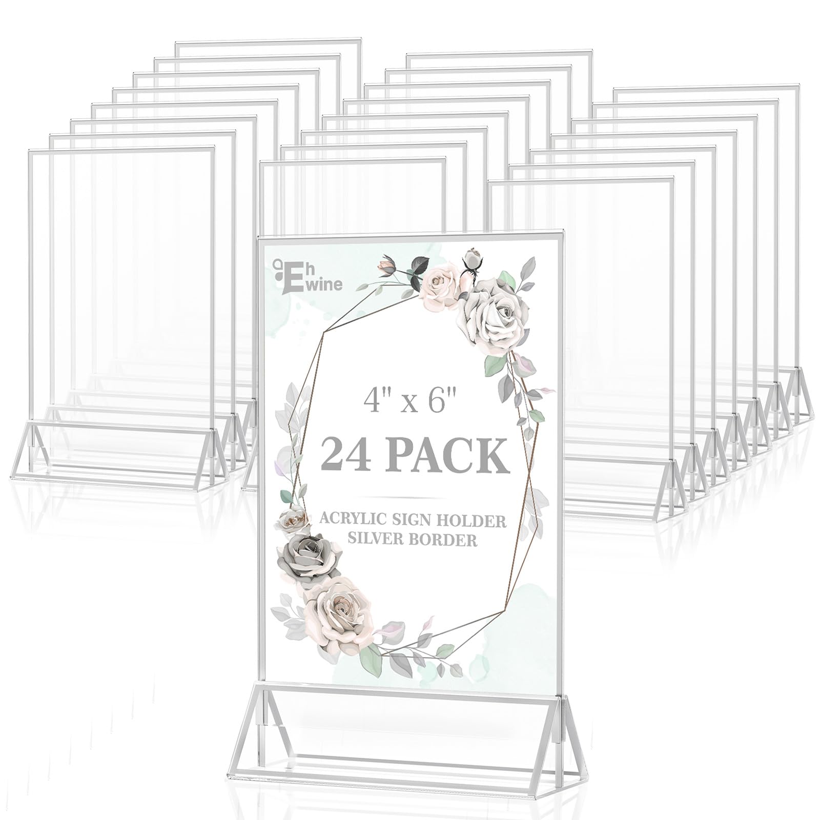 Photo 1 of EHWINE 24 Pack Acrylic Sign Holder 4 x 6, Double Sided Silver Picture Frame Stand up Table Top Sign Holders, Clear Display Stand Menu Flyer Holder for Wedding Party (Provide Non-slip Mats)