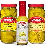 Mezzetta Peperoncini Combo Pack (Pack of 3) | Whole and sliced Golden Greek peperoncini plus medium-heat peperoncini hot sauce for salads, pizza and sandwiches.