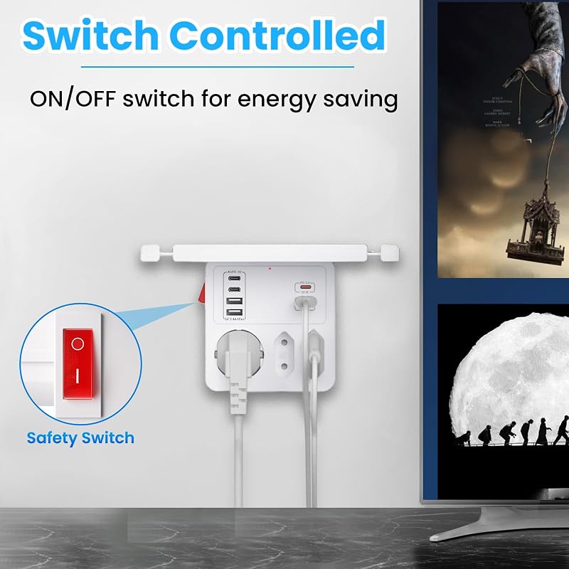 Plugue pd20w com interruptor, plugues ladron usb c com carregamento rápido pd3.0 20w e qc3.0 18w, réguas de energia de parede com régua de energia de prateleira 3 soquetes 6 carregador adaptador de plugue múltiplo usb, branco