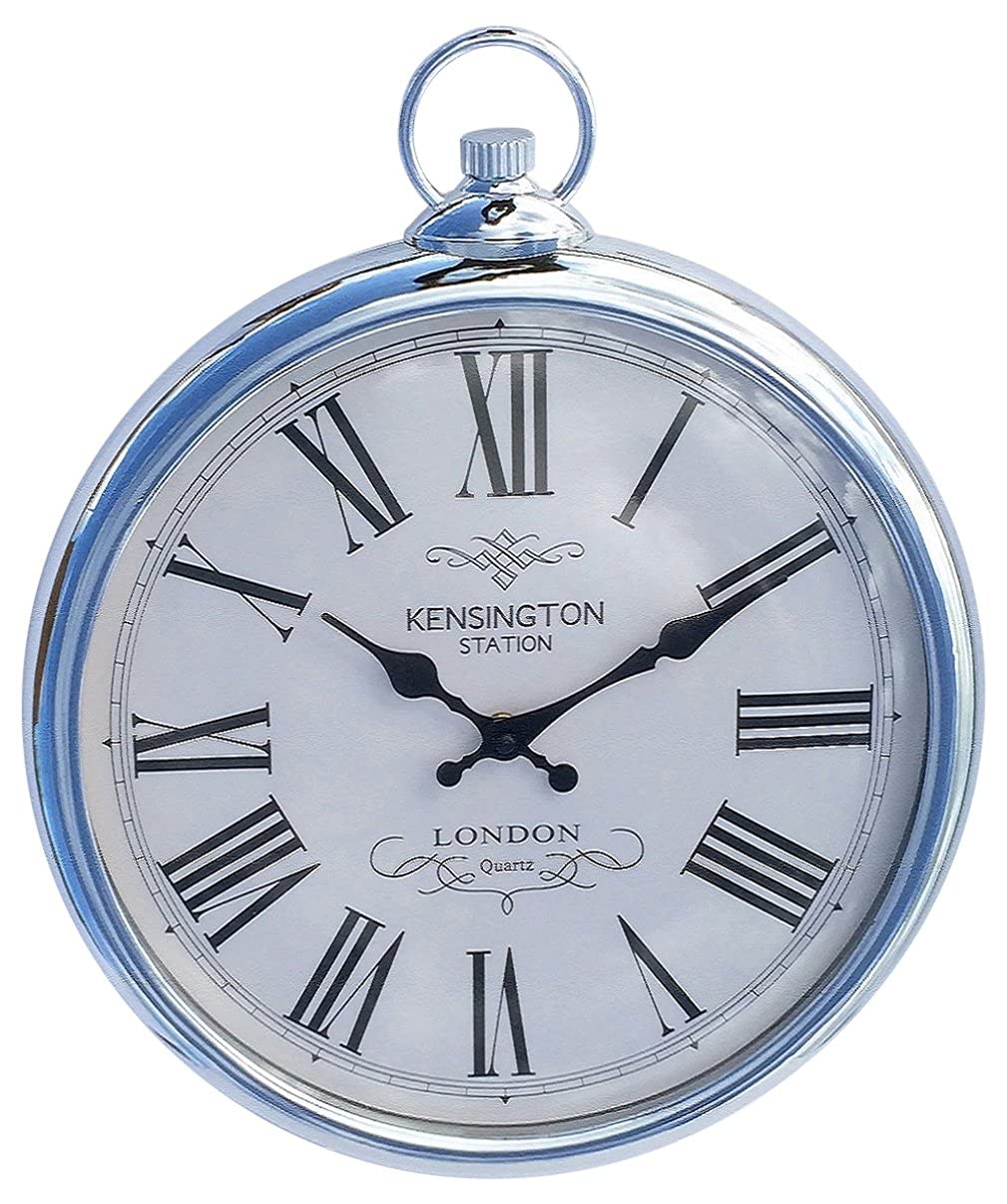 Geko Large 42cm Round Silver Roman Numeral Pocket Watch Kensington Station Wall Clock