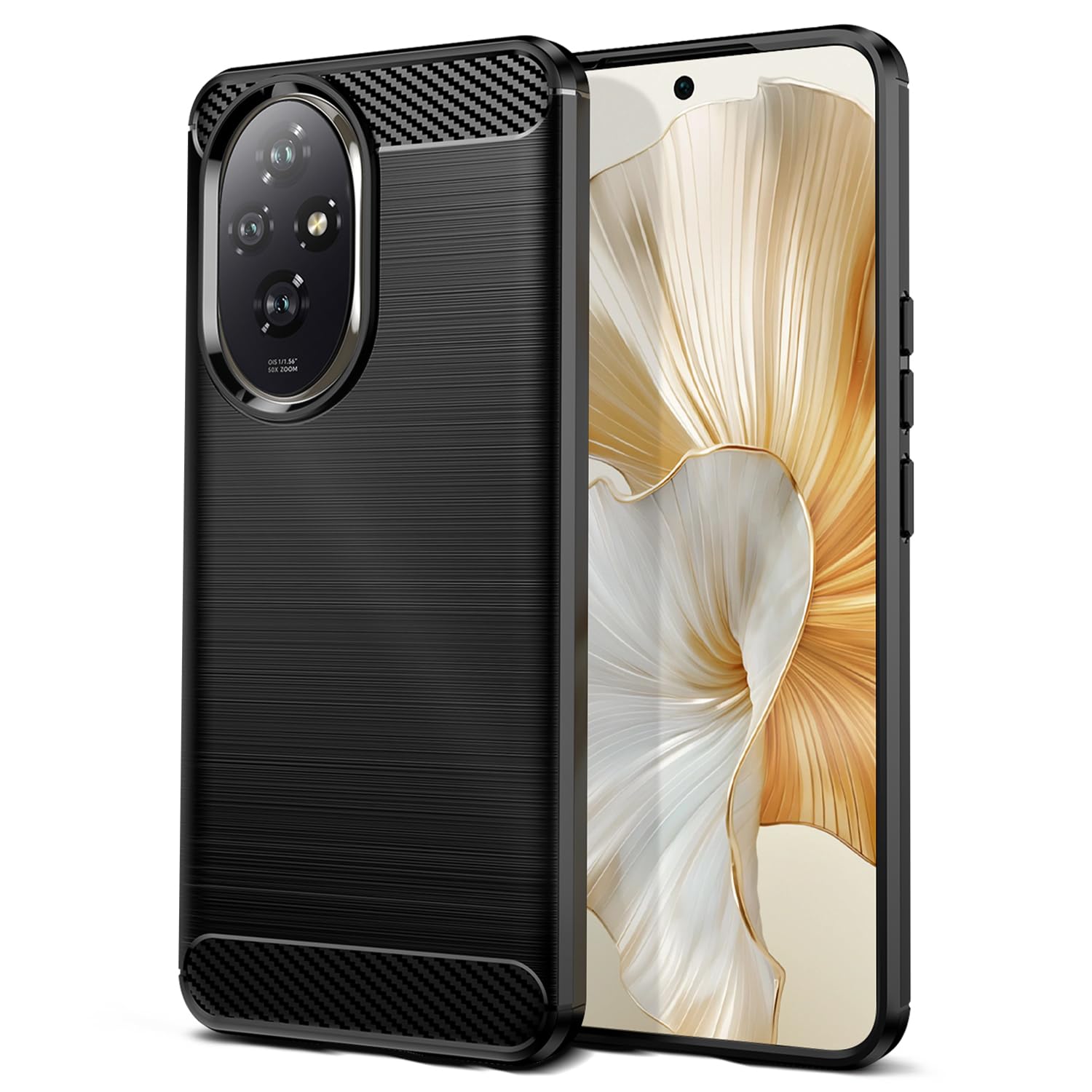 Qiinogow Case Compatible with Honor 200, Slim Fit Phone Cover with Shock-Absorption, Carbon Fiber TPU Rubber Protective Case, Black