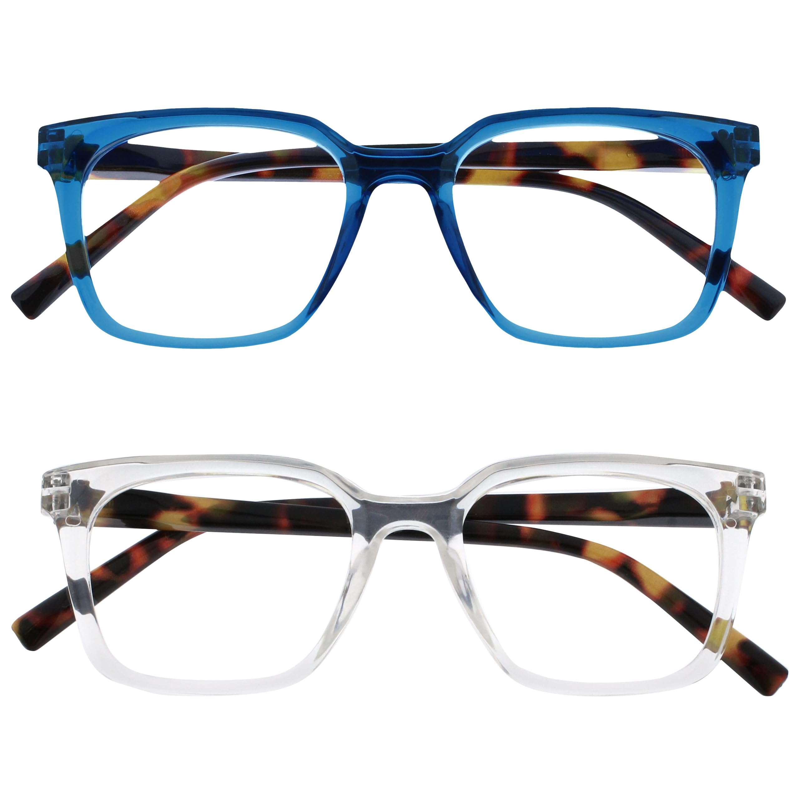 OPULIZE KOI Reading Glasses 2 Pack - Large Rectangular Frame - Blue-Clear - Mens Womens - Spring Hinges - RR50-3C - +2.50