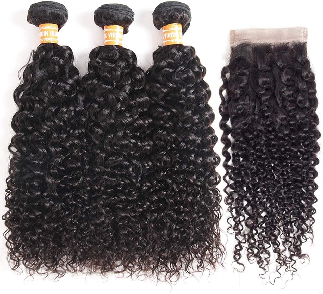 TOOCCI Curly Hair Bundles With Lace Closure 9A Virgin Brazilian Human Hair Water Wave Weave Weft with 4x4 Lace Closure Natural Color (8 8 8+8 closure)