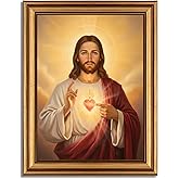 Vintage Gold Framed Sacred Heart of Jesus Canvas Wall Art Jesus Divine Mercy Painting Picture Wall Decor Christian Religious Poster Print Artwork for Prayer Room Church Home Decoration 9x11in