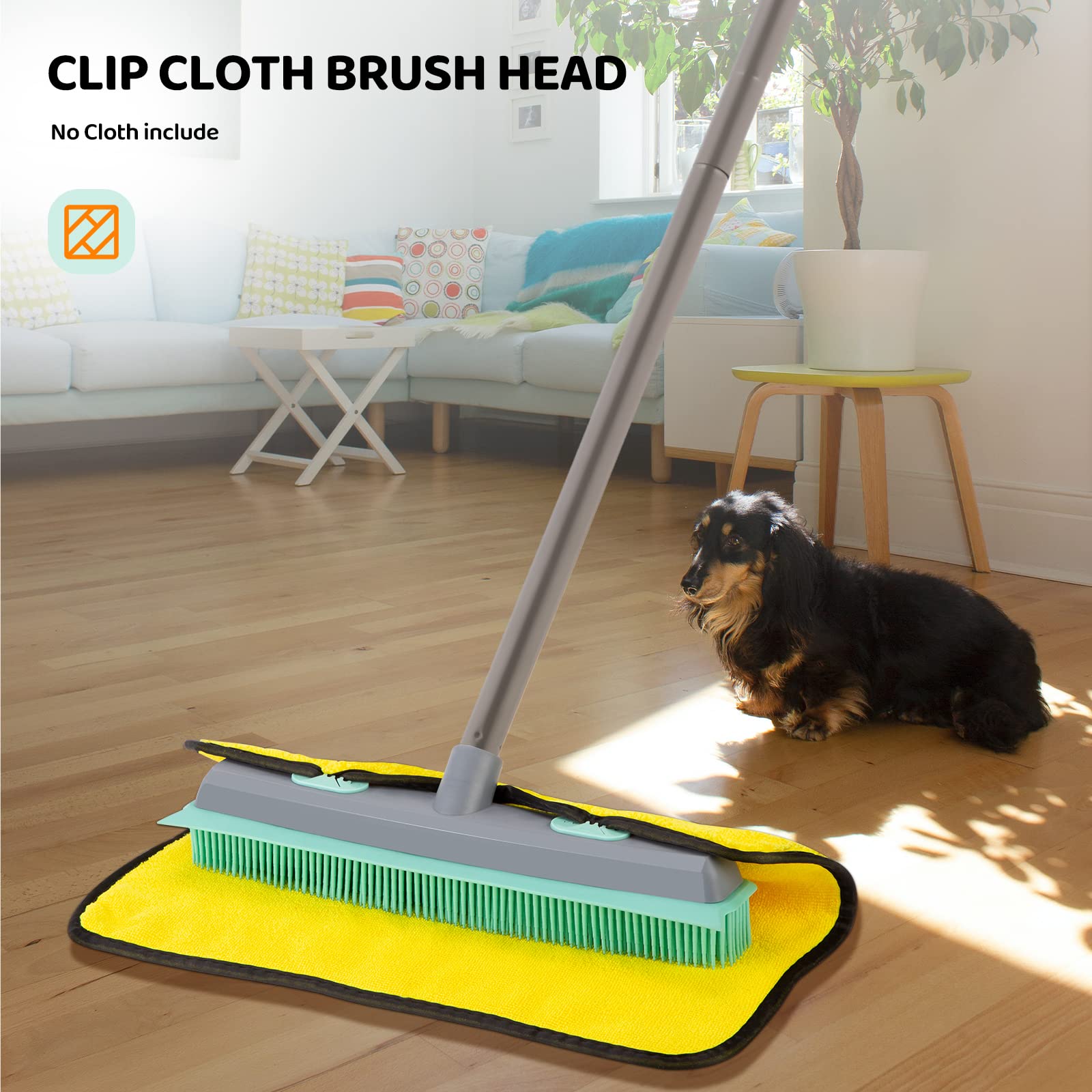 Conliwell Rubber Broom Carpet Rake for Pet Hair, Fur Remover Broom with Squeegee, Portable Detailing Lint Remover Brush (Iron Handle)