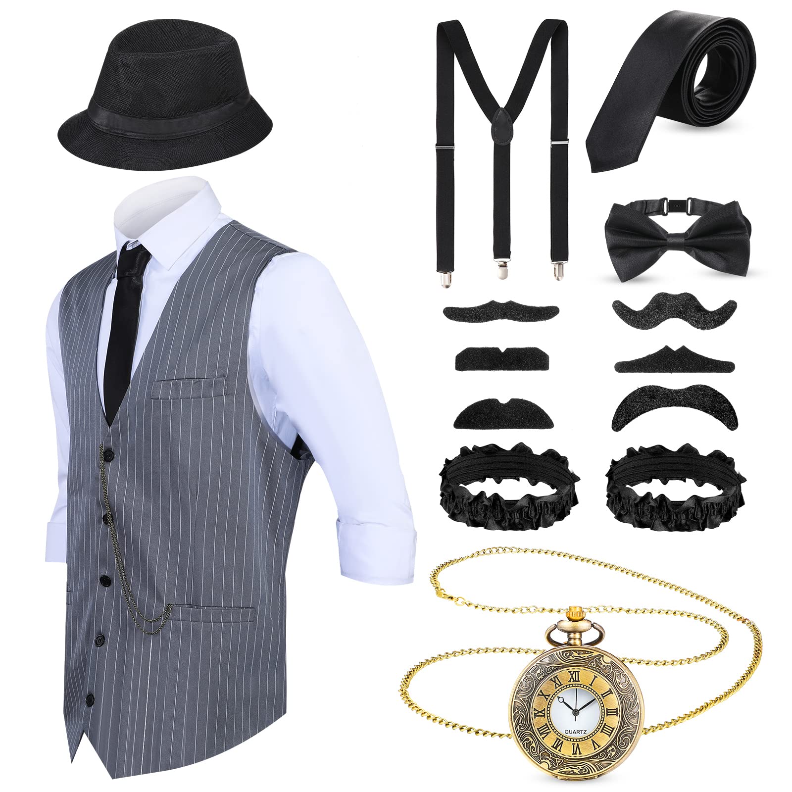 Blulu 1920s Mens Costume 20s Halloween Cosplay Accessories Outfit with Gangster Vest Hat Pocket Watch Suspenders (X-Large, Grey Black Stripe)